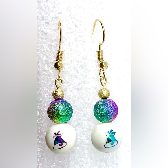 Christmas Bell Purple Blue Green Gold Stardust & Metallic Glass Dangle Earrings - Picture 3 of 4